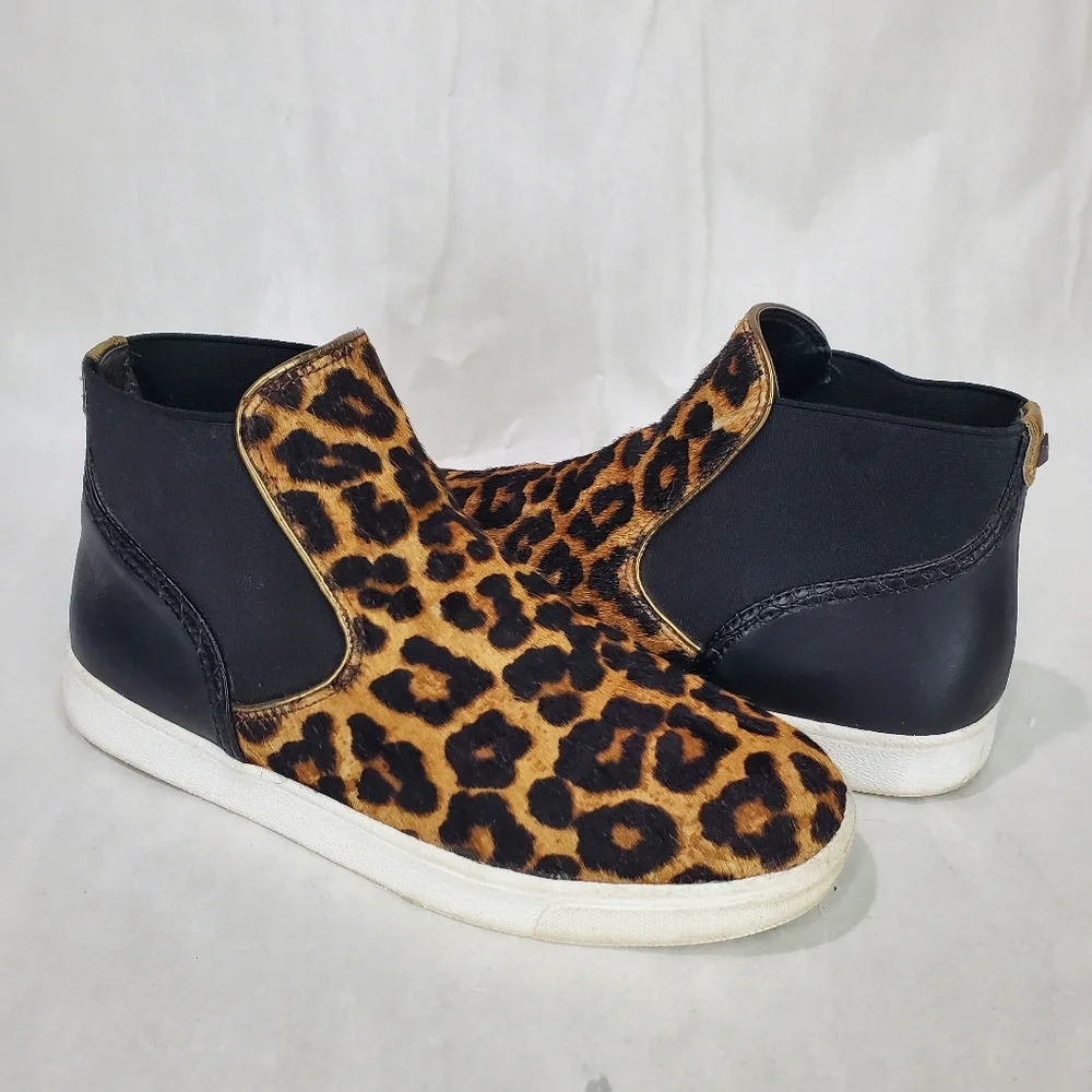 SAM EDELMAN MARGOT High Top Slip On Sneaker Shoe Dyed Real Cow Fur Leopard Print - Picture 1 of 14